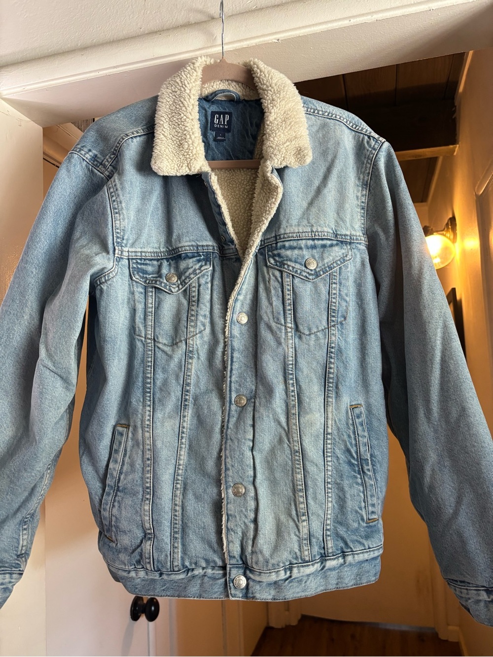 GAP Light Blue Denim Jacket with Cream Sherpa Collar